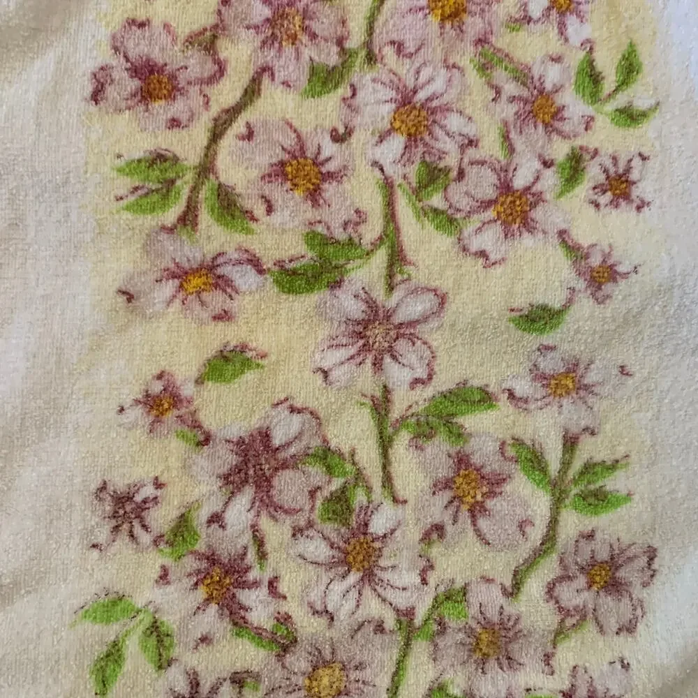 Vtg 70s Floral Bath Hand Dish Towel Purple Green Yellow Fringe Cotton 1970s
